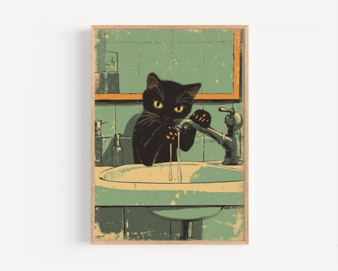 Vintage Black Cat Art Print - Retro Cat Bathroom Wall Decor - Funny Cat ...