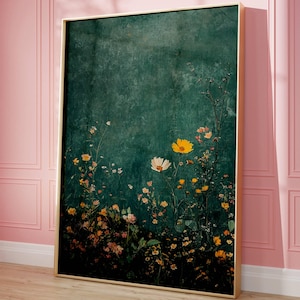 Vintage Wildflower Art Print - Dark Green Floral Wall Decor - Cottagecore Botanical Painting - Rustic Nature Aesthetic Home Decor Wall Art