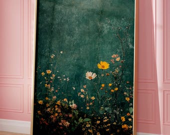 Vintage Wildflower Art Print - Dark Green Floral Wall Decor - Cottagecore Botanical Painting - Rustic Nature Aesthetic Home Decor Wall Art