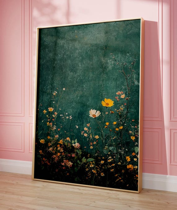 Vintage Wildflower Art Print - Dark Green Floral Wall Decor