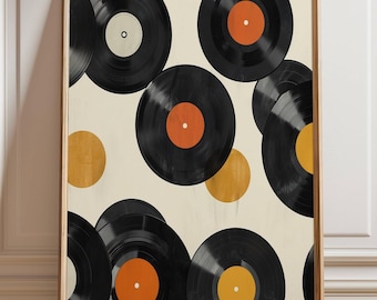 May include: A framed print featuring a pattern of black vinyl records with orange and yellow center labels on a cream background. The artwork has a mid-century modern aesthetic, with a wooden frame.