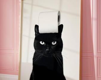 Impression d'art drôle de salle de bains de chat noir - décoration murale originale de chat de papier hygiénique - cadeau minimaliste d'amant de chat - oeuvre d'art d'humour animal mignon pour la salle de bain