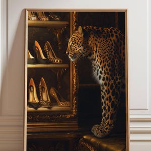 May include: A framed artwork depicts a leopard standing near a mirrored cabinet displaying high-heeled shoes. The leopard has a spotted coat. The shoes are in various styles and colors, including gold and black.