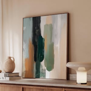 Lienzo de arte de pared abstracto moderno en tonos tierra, impresión vertical, verde, negro, neutro, póster minimalista, decoración contemporánea para el hogar.