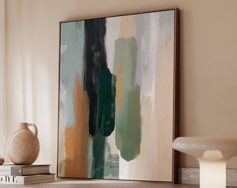 Modern Abstract Wall Art Canvas Earth Tone Painting Print Vertical Green Black Neutral Poster Minimalist Contemporary Home Decor Accent