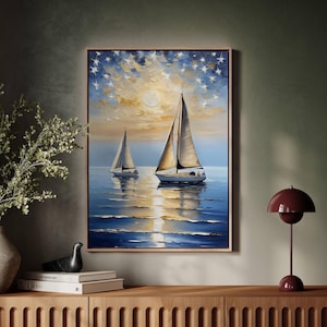 Mondschein Segelboot Leinwanddruck, Nautical Ocean Art Poster mit Sternen, impressionistische Nachthimmel Landschaft Gemälde, Küsten Wand Kunst Dekor