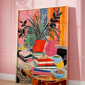 Vibrant Boho Art Print, Colorful Books & Plants Wall Decor, Eclectic Matisse Style Painting, Maximalist Home Art, Retro Aesthetic Gift