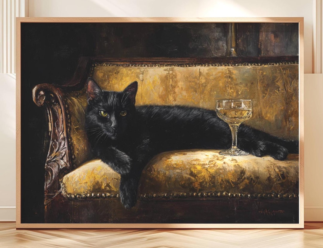 Black Cat Wall Art Gold Velvet Sofa Oil Painting Vintage Feline Poster ...