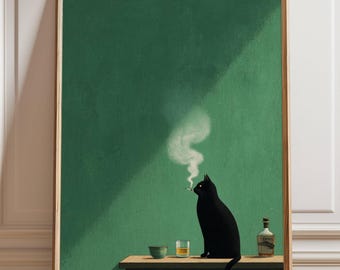 May include: A framed art print featuring a black cat smoking a cigarette, with a glass of amber liquid and a bottle of liquor on a table. The background is a solid green color.