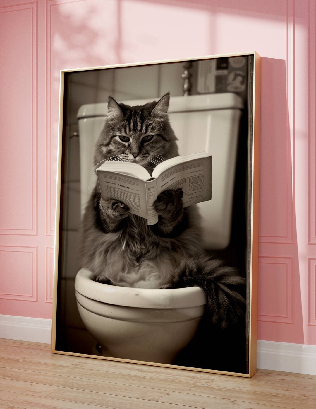 Funny Cat Reading Book on Toilet Art Print, Humorous Bathroom Decor ...