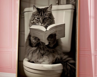 Funny Cat Reading Book on Toilet Art Print, Humorous Bathroom Decor, Vintage Style Animal Poster, Cat Lover Gift, Quirky Home Illustration