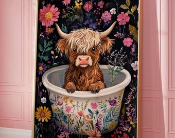 Highland Cow Bathroom Art Print - Floral Bathtub Wall Decor - Cute Farm Animal Print - Whimsical Cottagecore Cow Art for Nursery or Bathroom
