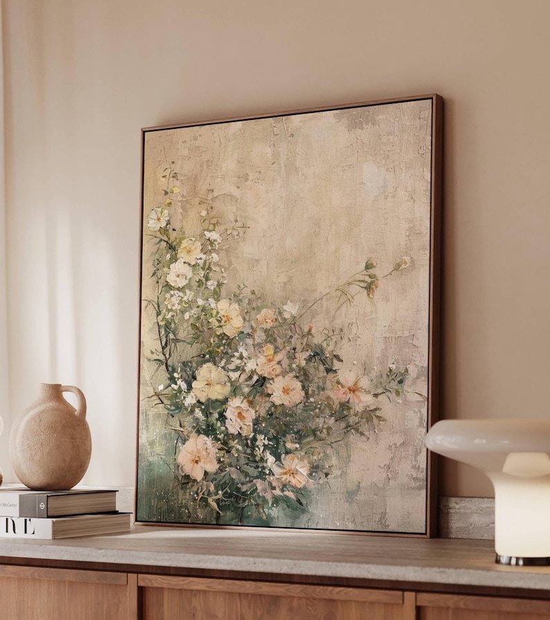Vintage Wildflower Bouquet Art Canvas, Soft Neutral Floral Painting ...