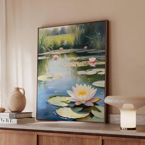 Seerosenfeld Kunstdruck, Monet inspirierte botanische Leinwand, impressionistisches Teichblumenplakat, matte Naturdekoration, grüne Gartenwandkunst