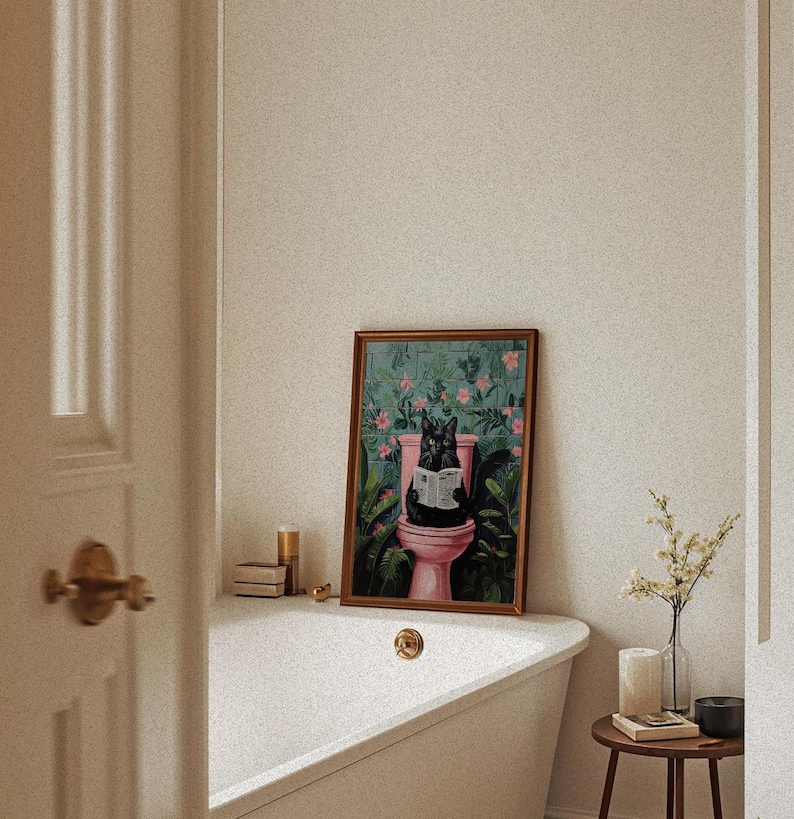 Funny Black Cat Bathroom Art Print - Whimsical Wall Decor, Cat Reading ...