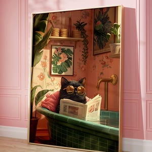 Cool Black Cat Bathroom Wall Art - Funny Retro Cat Print - Whimsical ...