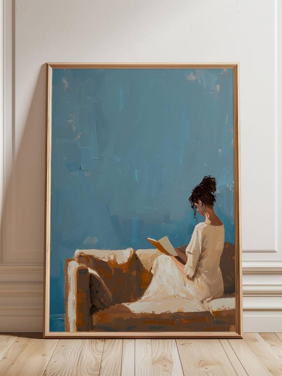 Woman Reading Wall Art, Minimalist Blue Painting, Modern Book Lover Artwork, Calm Neutral Home Decor for Living Room, Canvas or Poster