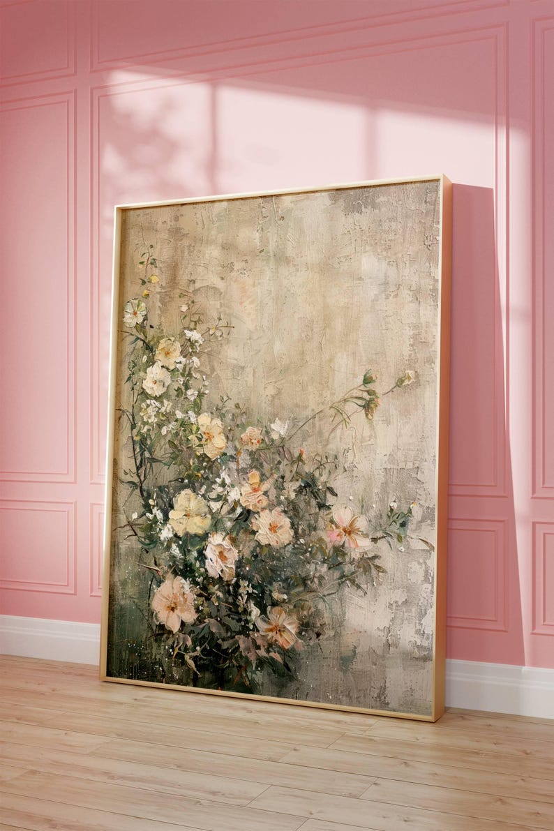 Vintage Wildflower Bouquet Art Canvas, Soft Neutral Floral Painting ...