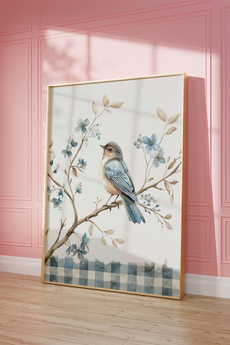 Blue Bird Watercolor Wall Art Print, Vintage Gingham Bird Illustration ...