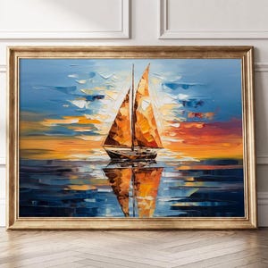 May include: A painting of a sailboat with orange sails on a blue and orange sunset sea. The sailboat is reflected in the water.