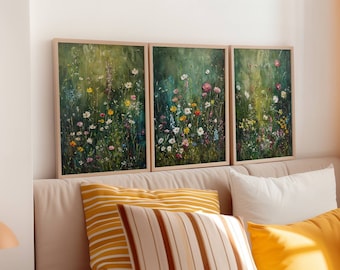 Set di 3 stampe artistiche da parete botaniche - Trittico di natura verde - Stampe artistiche floreali moderne - Grande decorazione da parete per camera da letto, soggiorno, ufficio