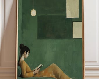 Moody Green Reading Wall Art, Woman Reclining with Book Print, Minimalist Modern Interior Artwork, Calm Contemporary Home Decor