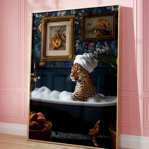 Leopard Bathtub Art Print - Vintage Glam Bathroom Decor - Funny Animal Wall Art - Eclectic Maximalist Bath Home Decor - Quirky Gift Idea