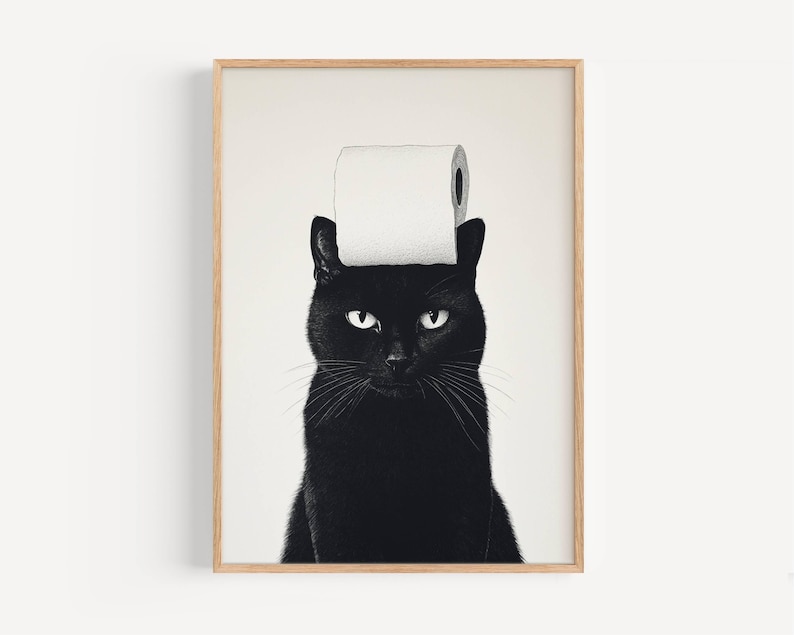 Funny Black Cat Bathroom Art Print - Quirky Toilet Paper Cat Wall Decor ...