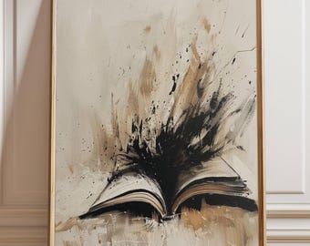 Abstract Book Wall Art Print with Bold Black and Neutral Tones, Expressive Modern Painting Poster or Canvas, Dramatic Statement Home Decor