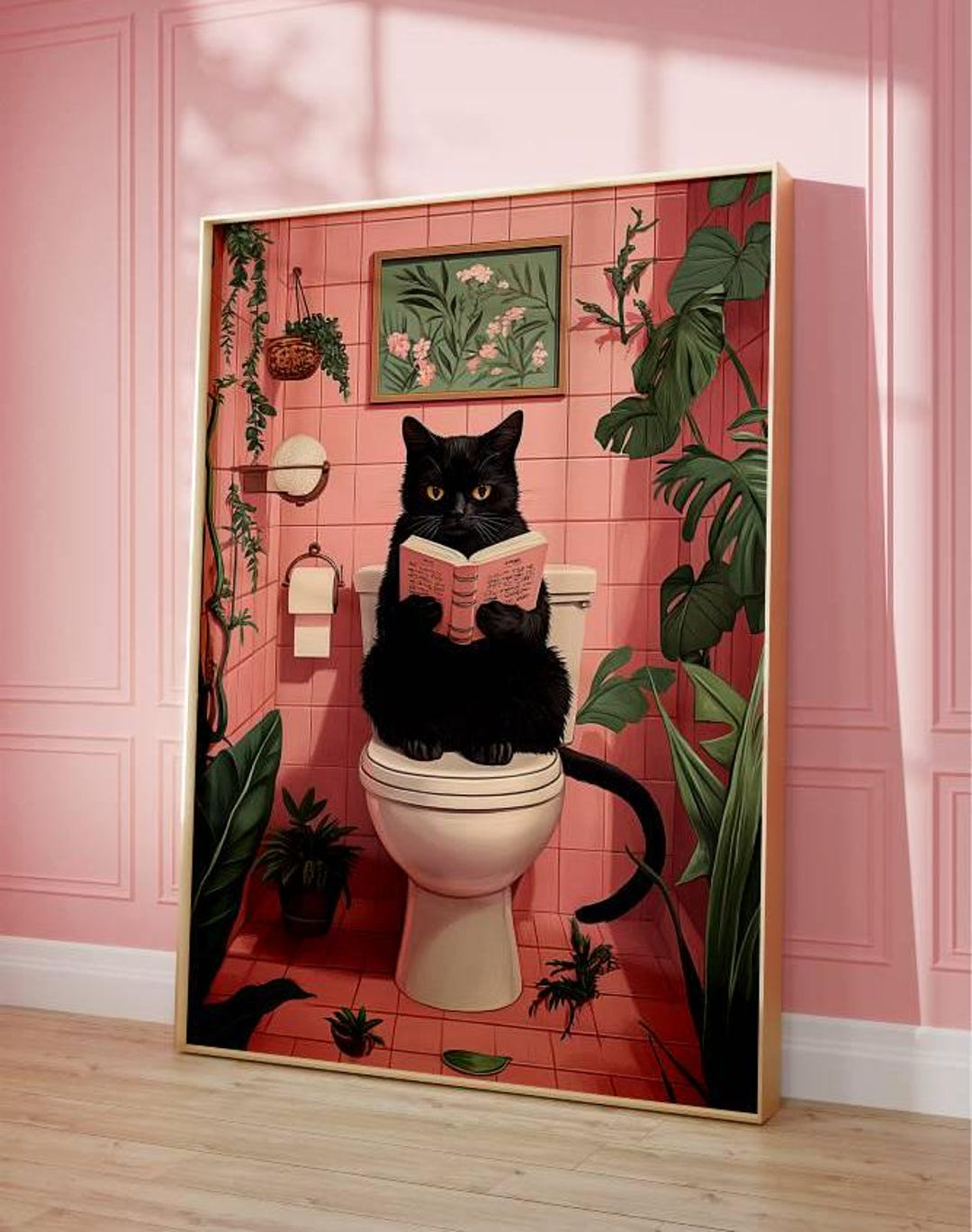 Funny Cat Animal Bathroom Wall Art, Cat Toilet Print, Printed Wall Art