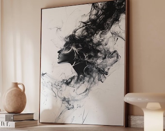 Abstract Smoke Woman Canvas Print, Black and White Female Silhouette Art, Modern Surreal Wall Decor, Ethereal Ink Portrait, Dark Aesthetic