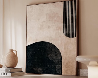 Minimalist Abstract Canvas Print, Neutral Wall Art, Black and Beige Modern Painting, Japandi Home Decor, Geometric Artwork Canvas