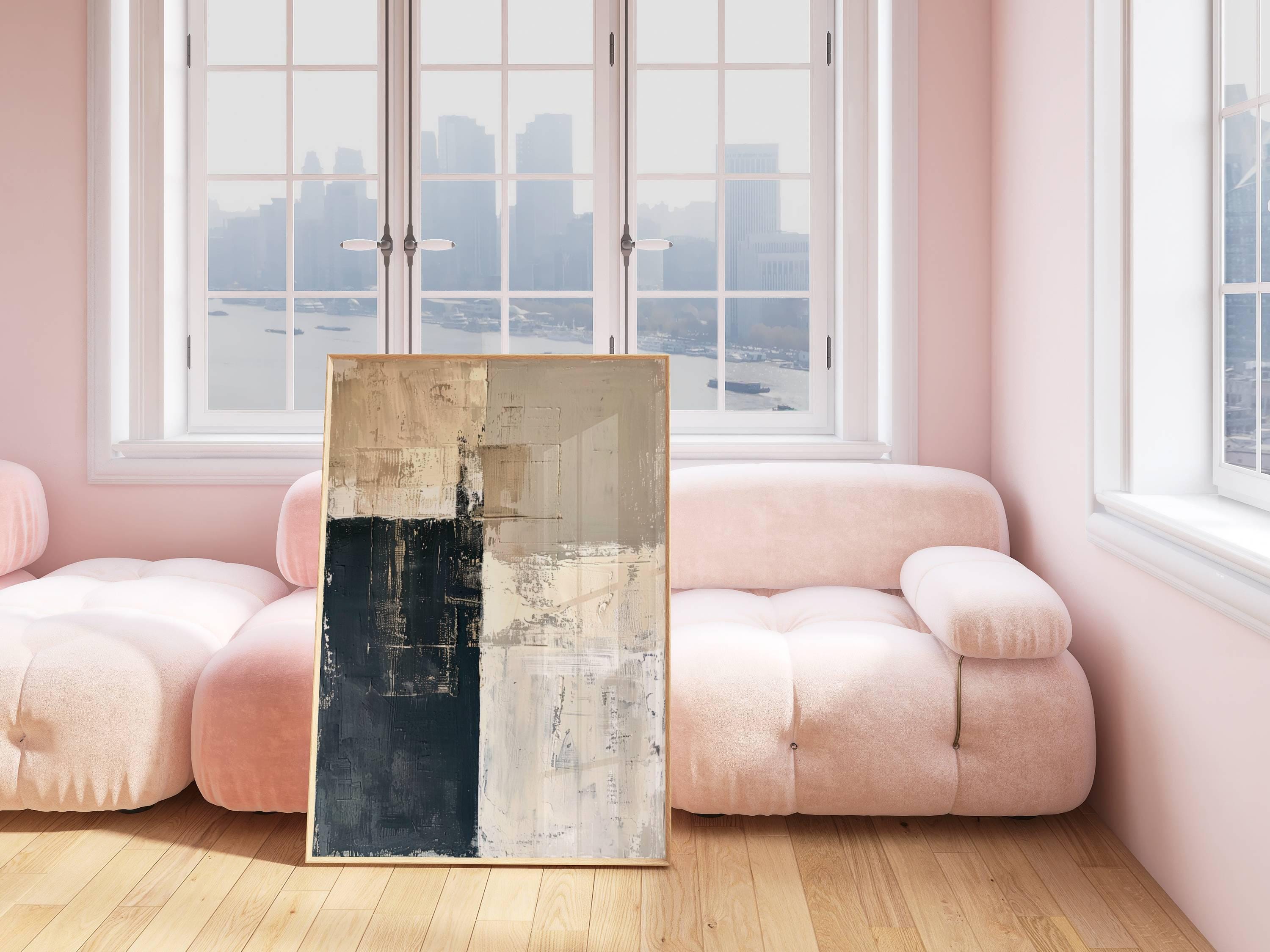 Neutral Abstract Wall Art, Black Beige Cream Printed Painting, Modern ...