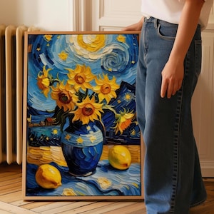 Van Gogh Sonnenblumen Sternennacht Stil Leinwanddruck, Swirly Blau Gelb Öl Wand Kunst, impressionistische Blumen Küche Dekor, Matte Poster Geschenk