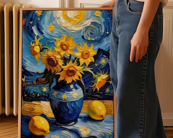 May include: A framed painting featuring a vibrant still life. The artwork depicts sunflowers in a blue vase, set against a starry night sky with a large yellow moon. Two yellow lemons are on the table. The painting is in a wooden frame.