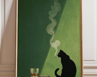 May include: A framed art print featuring a black cat smoking a cigarette, with a glass of whiskey and a pack of cigarettes on a wooden surface. The background is a green wall with a spotlight effect.