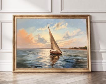 May include: A framed oil painting depicts a sailboat on a calm sea under a cloudy sky. The boat has a beige sail and a brown hull. The water reflects the sky's colors, with a golden frame surrounding the artwork.