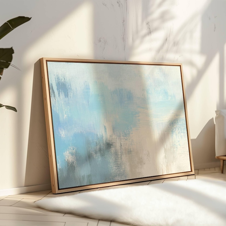 Minimal Light Blue Abstract Canvas Wall Art, Soft Brush Strokes, Modern Coastal Painting Print, Serene Neutral Living Room Decor afbeelding 2
