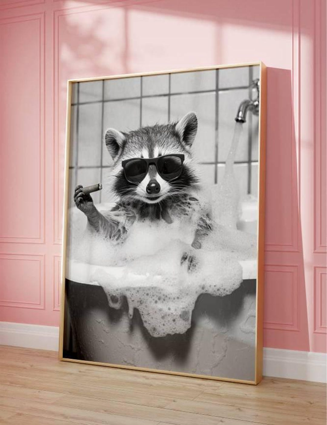 Funny Raccoon Bathroom Art Print - Black and White Animal Wall Decor ...