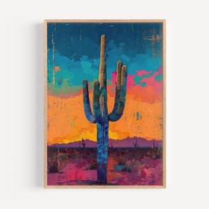 May include: A painting of a tall, blue-green cactus in a desert landscape. The sky is a vibrant mix of blue, purple, and orange, with a pink and orange sunset in the background.