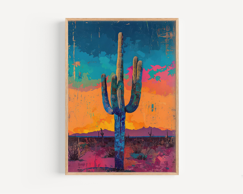 May include: A painting of a tall, blue-green cactus in a desert landscape. The sky is a vibrant mix of blue, purple, and orange, with a pink and orange sunset in the background.