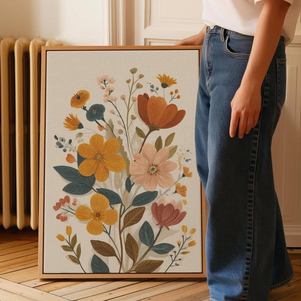 Impresión de arte floral bohemio para pared, póster moderno de flores silvestres en tonos tierra, lienzo botánico minimalista para dormitorio, oficina o galería.