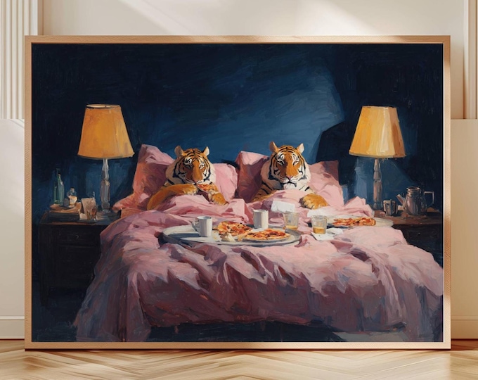 Two Tigers Eating Pizza in Bed Whimsical Oil Painting Print Bold Pop Art Animal Decor Cozy Bedroom Wall Art Quirky Tiger Pizza Party Artwork