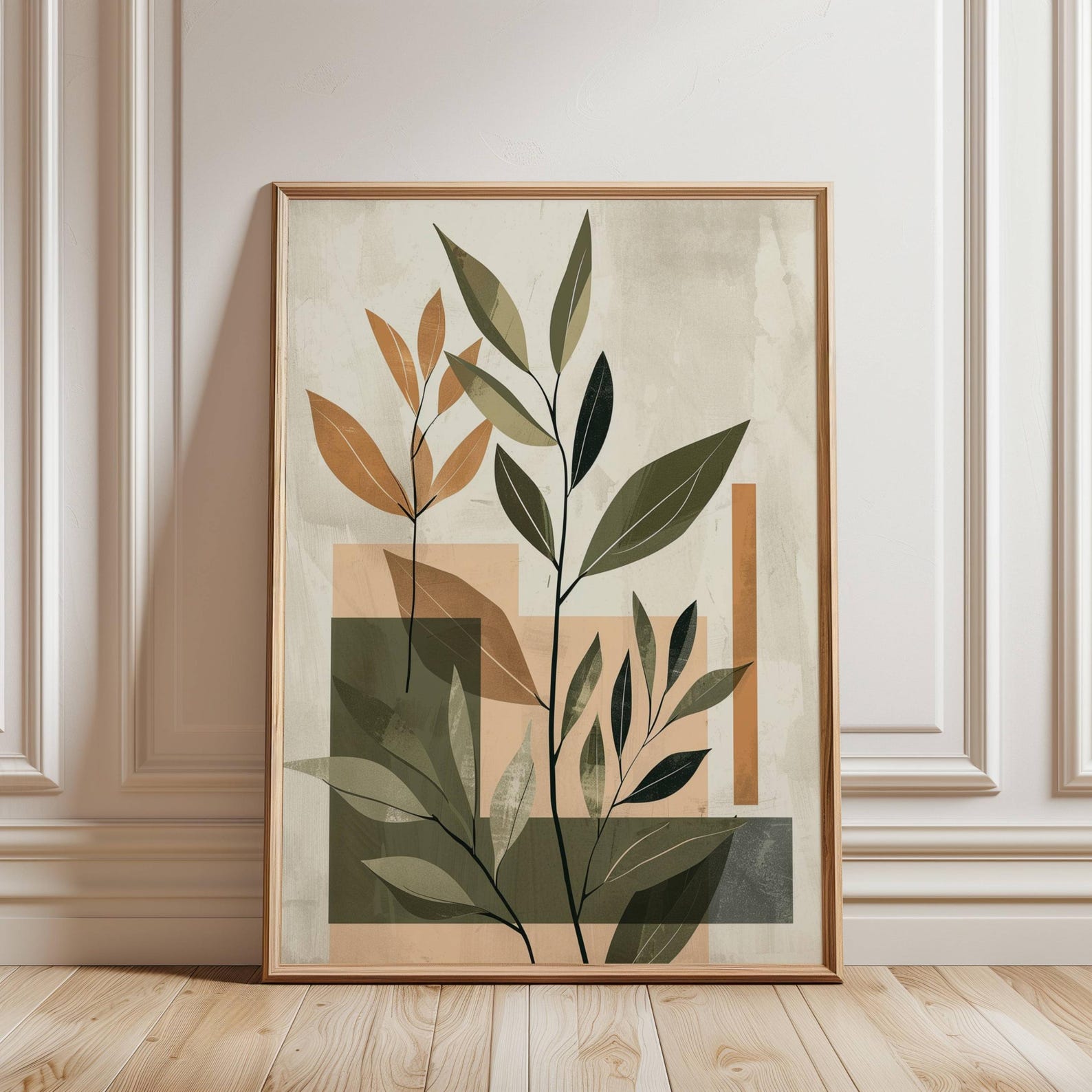 Abstract Botanical Wall Art With Olive Green Leaves and Terracotta ...