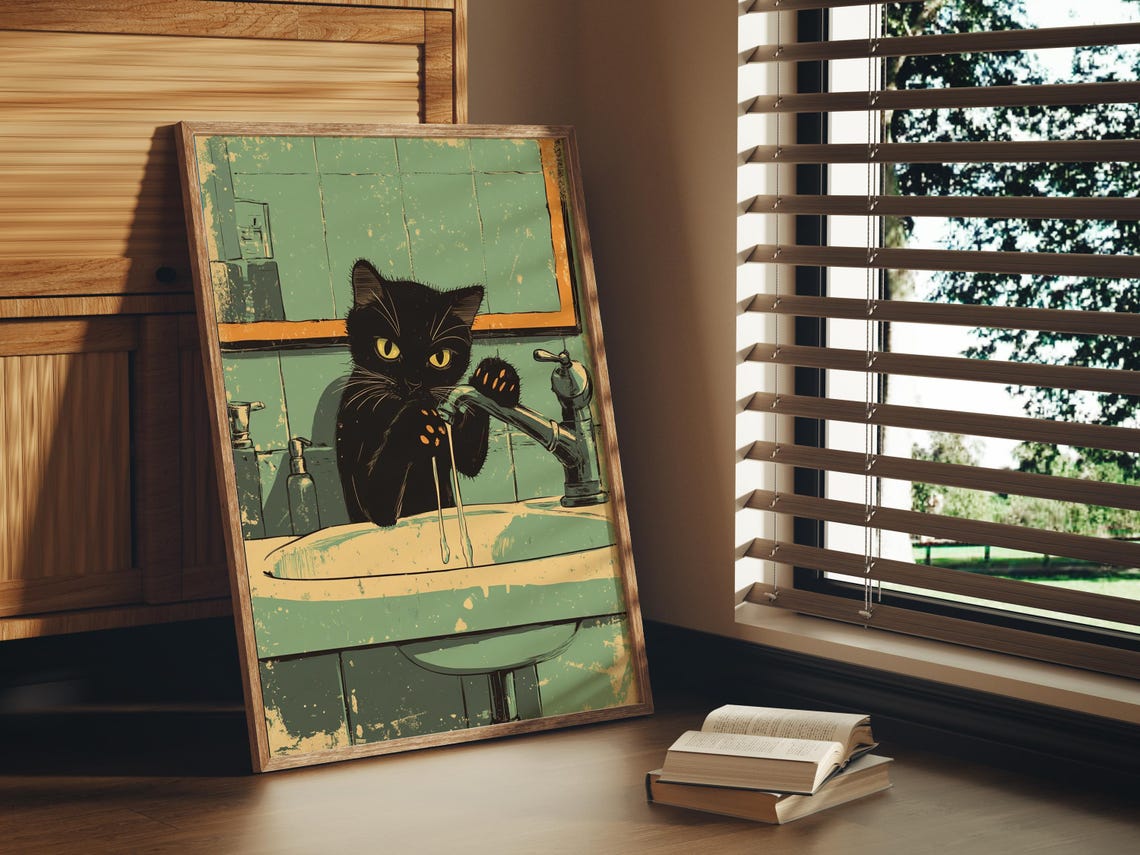 Vintage Black Cat Art Print - Retro Cat Bathroom Wall Decor - Funny Cat ...