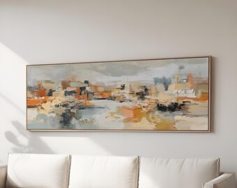 Abstract Cityscape Impasto Painting Print on Canvas | Warm Modern Wall Art in Orange & Neutrals | Textured Contemporary Urban Decor for Home