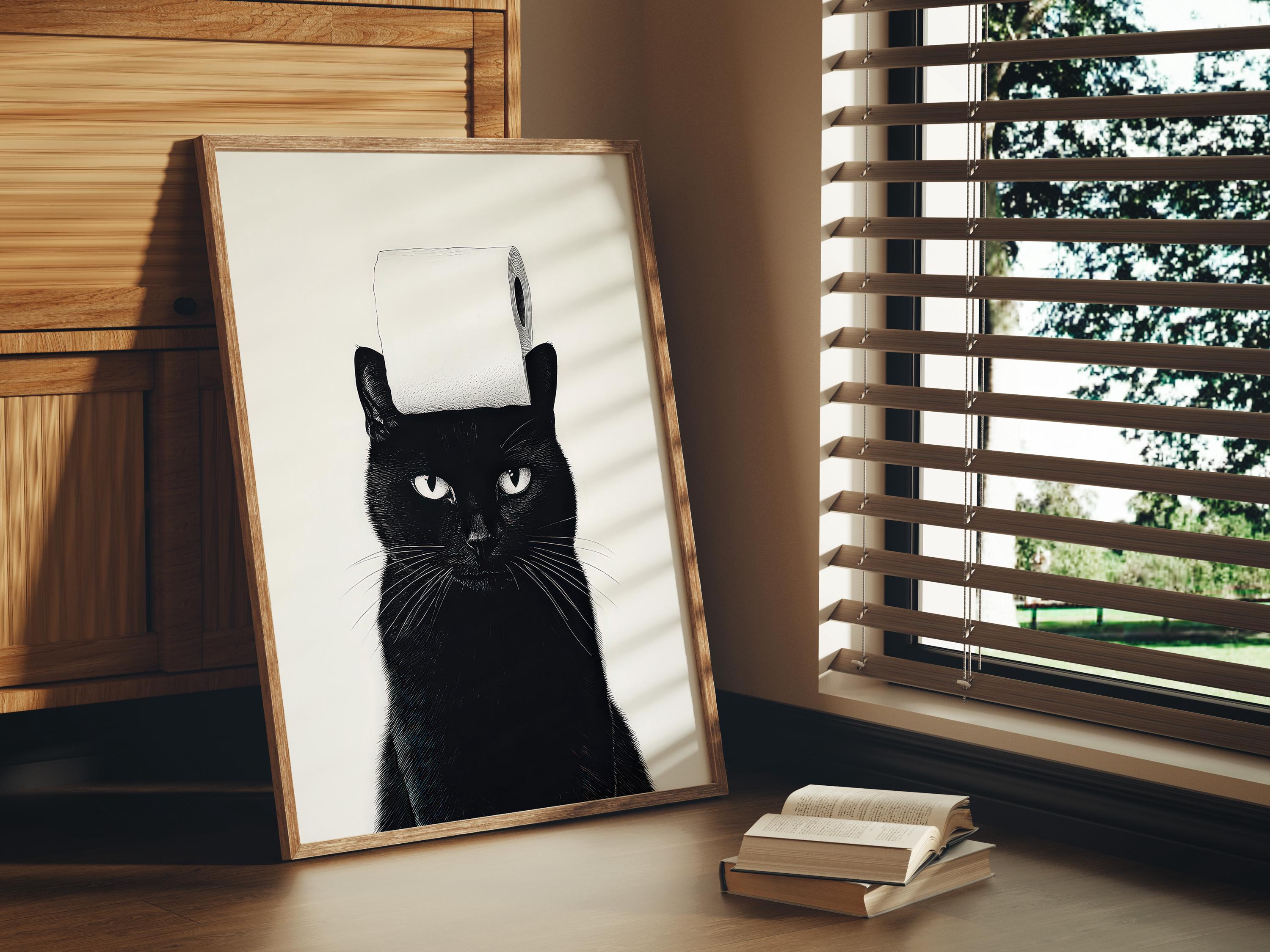Funny Black Cat Bathroom Art Print - Quirky Toilet Paper Cat Wall Decor ...