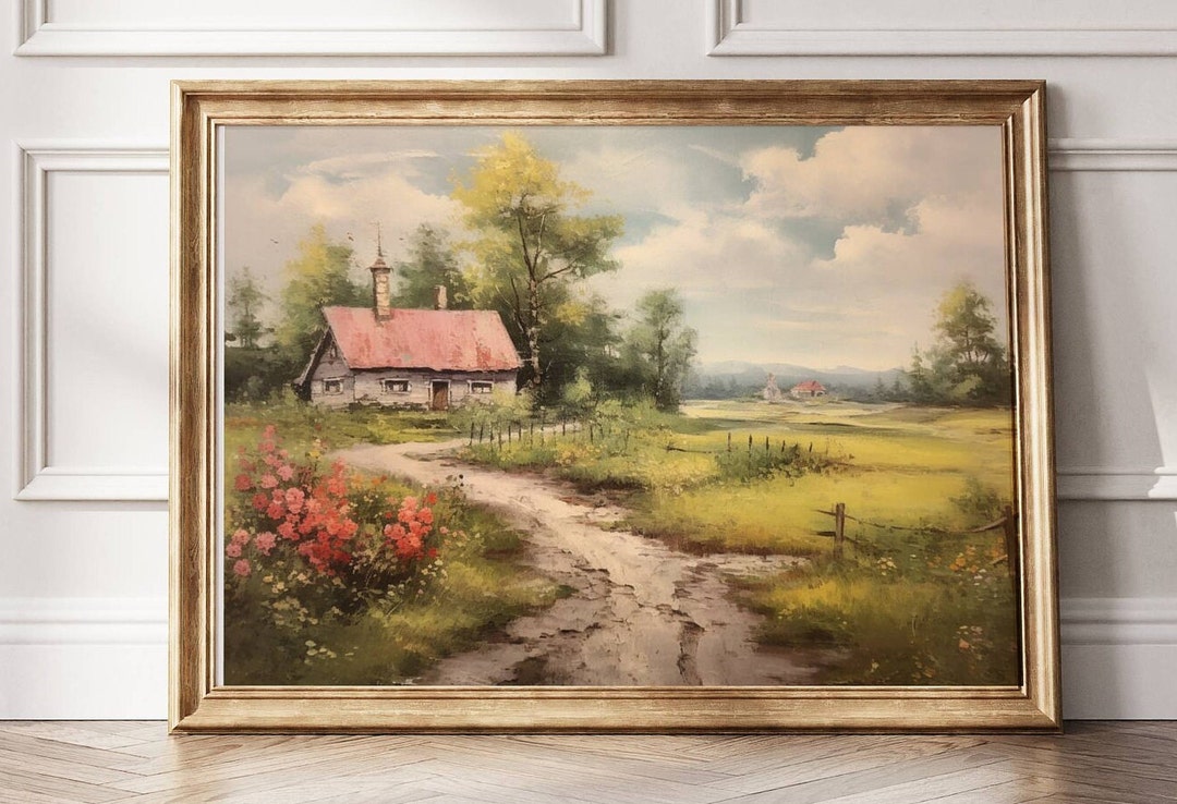 Vintage Cottage Landscape Art Print - Country Farmhouse Wall Decor ...