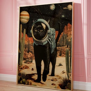 Weltraum Katze Kunstdruck, Astronauten Katze Wandkunst, Kosmische Wüsten Dekoration, Surreale Galaxie Katze Poster, Sci Fi Katze Illustration, Wunderlicher Kunstdruck