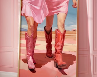 Väggkonst med rosa cowgirl-stövlar, kustnära cowgirl-dekor, westernflicka-affisch, kokett-rosa stövlar-tryck, trendig flickig western-rumsdekor